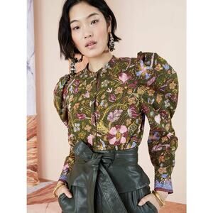 Ulla Johnson Womens Willa Blouse Long Puff Sleeves Pine Floral Green Size 6